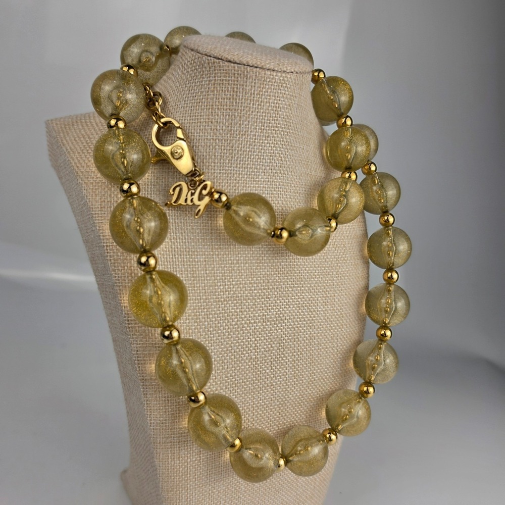 D&G Dolce Gabbana Gold‎ Glitter Resin Ball Bead Statement Necklace Logo Charm